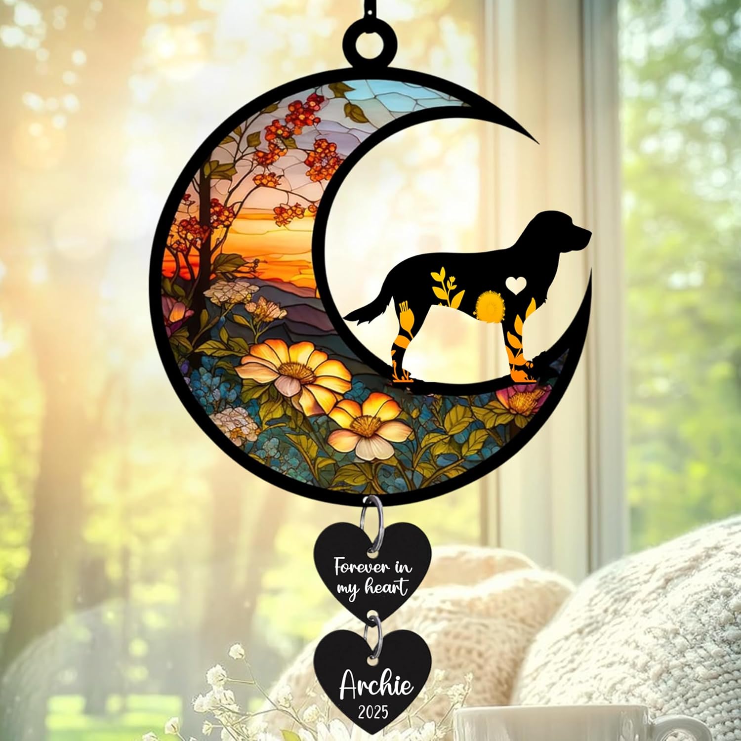 Personalized Dog Memorial Suncatcher Window, Pet Loss Sympathy Gift, Custom Fur Memorial Gifts for Loss of Pet, Dog Remembrance Stained Glass, Hanging Garden Decor with Moon