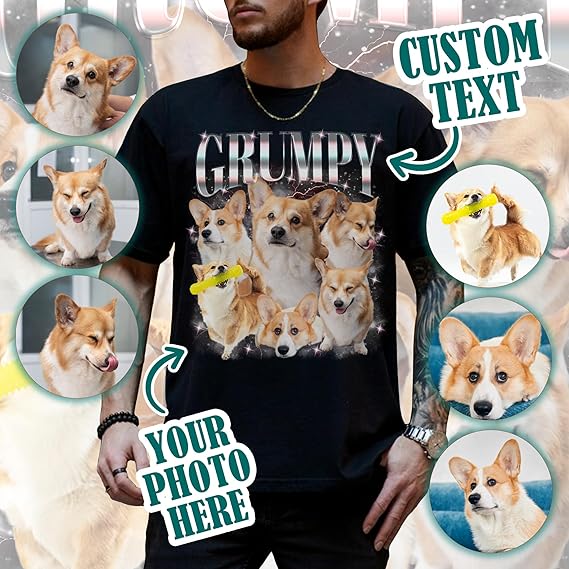 Custom Photo Bootleg Rap Shirt with Girlfriend's Face for Boyfriend - Vintage Graphic Shirt for Dog Lovers Cat Lovers Dog Mom Dog dad