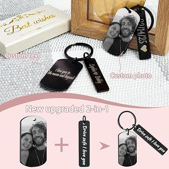 Personalized Picture Keychain - Customized Engraved Keychains with Photo Text, Personalized Gifts for Men Women Lovers