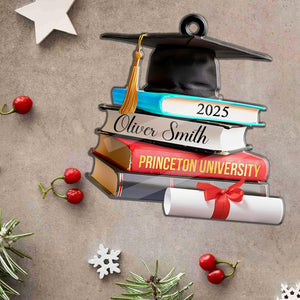 Personalized Graduation Ornament 2025, Custom Name Grad Cap w/Books Scroll Acrylic 2D Ornaments, Class of 2025 Graduated Keepsake, High School College Bachelor Congratulation Christmas Xmas Gifts