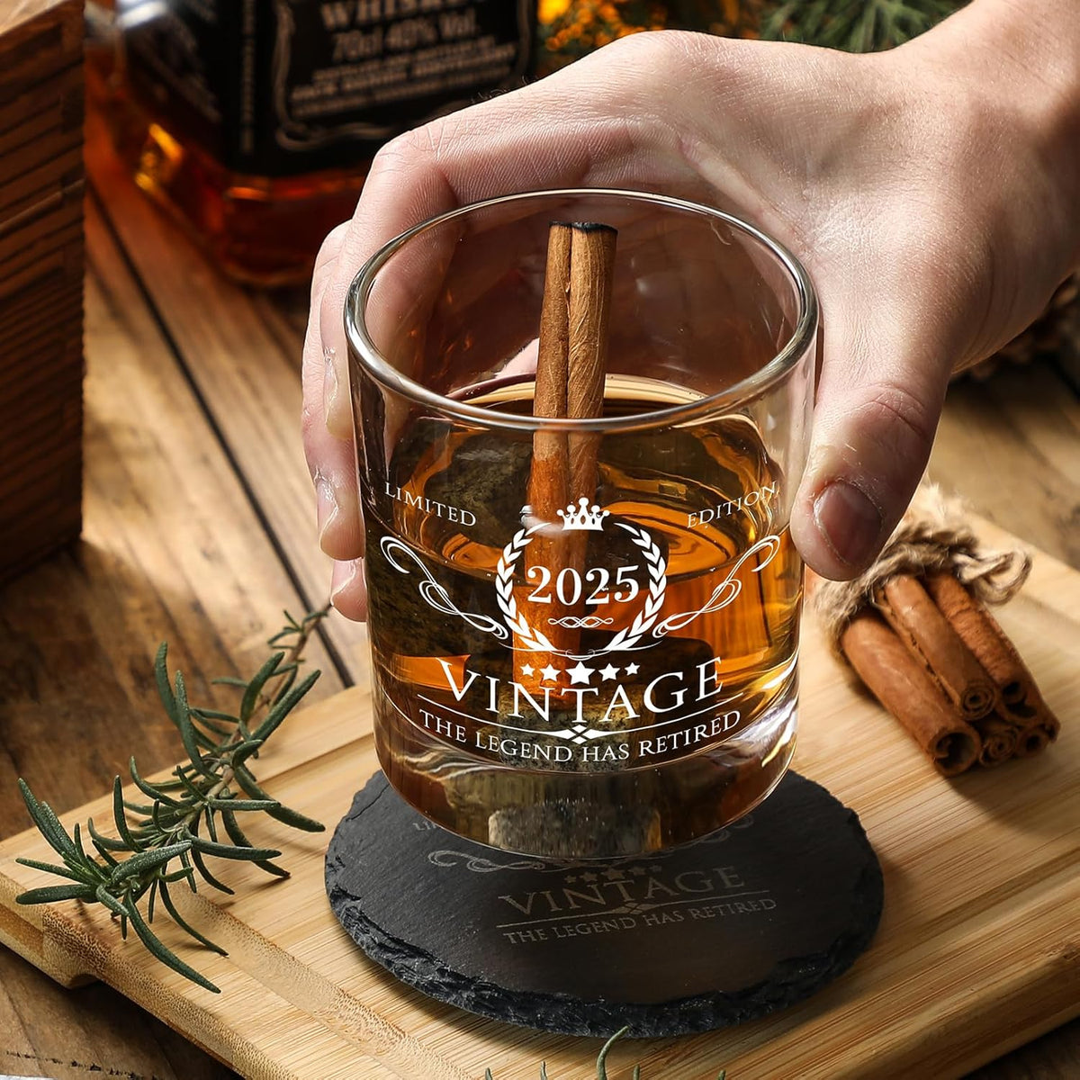 Retirement Gifts for Men Whiskey Glass Set - The Legend Has Retired 2025 - Retirement Party Decorations, Supplies - Gifts Ideas for Him, Dad, Husband, Friends - Wood Box & Whiskey Stones & Coaster