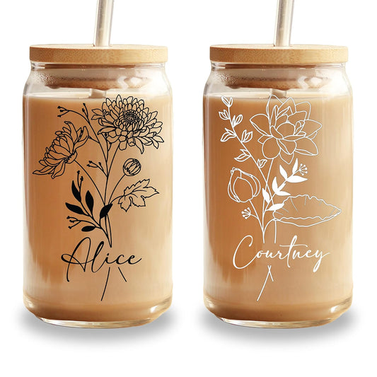 Personalized Birth Flower Glass Cup with Lid & Straw, 16oz Custom Name Mason Jar Tumbler, Dishwasher Safe Iced Coffee Cup, Floral Bridesmaid or Birthday Gift for Women, Glass Straws