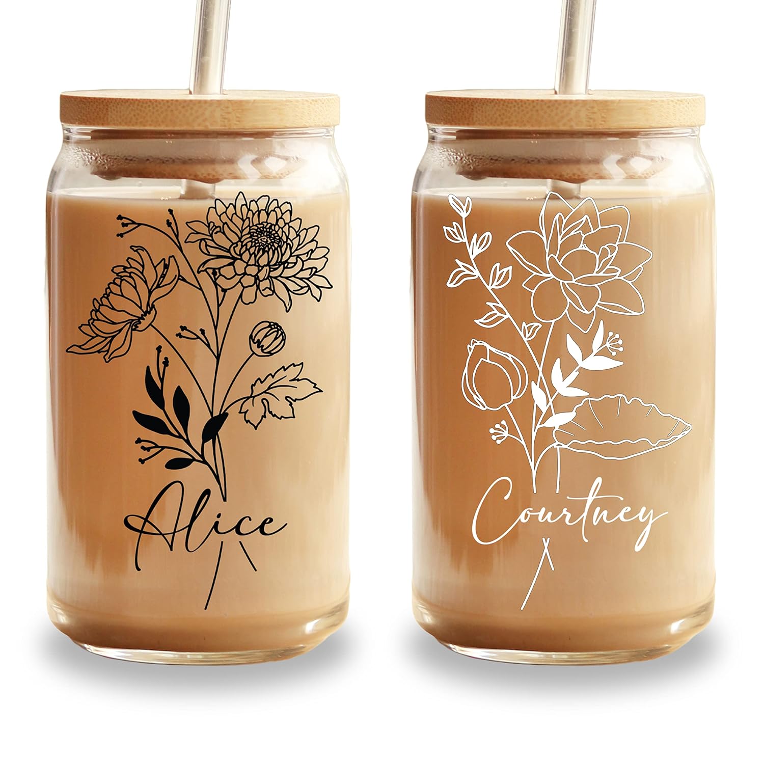 Personalized Birth Flower Glass Cup with Lid & Straw, 16oz Custom Name Mason Jar Tumbler, Dishwasher Safe Iced Coffee Cup, Floral Bridesmaid or Birthday Gift for Women, Glass Straws