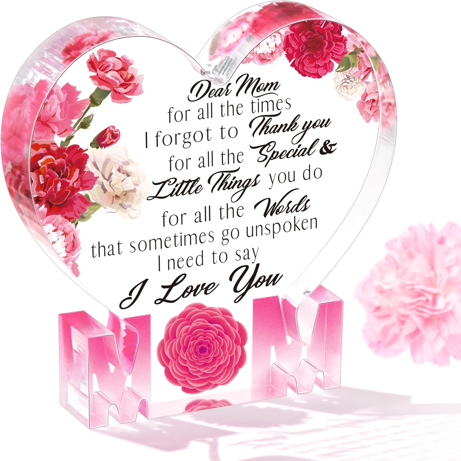 Carnation Acrylic Heart Plaque Mom Present - Thanksgiving, Christmas, Valentine's, Mother's Day & Birthday Gift
