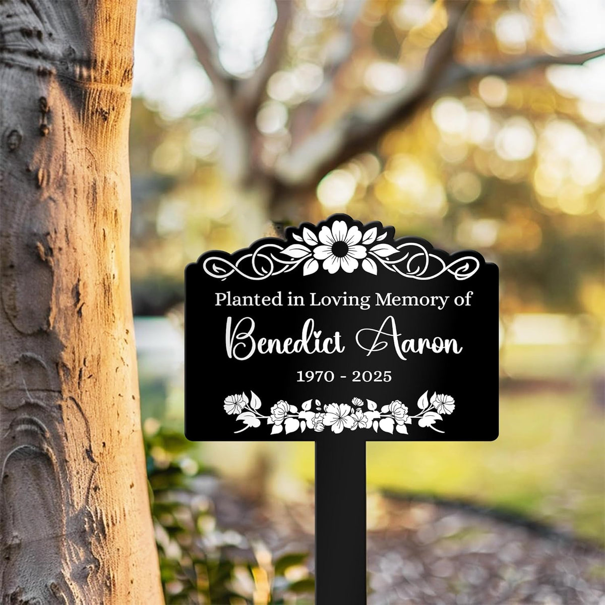Custom Memorial Tree Sign with Stake, In Loving Memory of Loved Ones Grave Marker, Memorial Plaques for Outdoors, Remembrance Plaque Flower Memorial Garden Stake