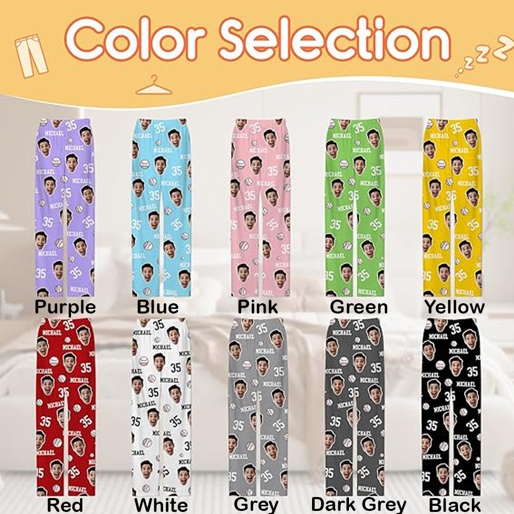 Personalized Baseball Pajamas Pants With Face Photo, Custom PJ Bottom Pants, Customized Gifts For Baseball Lovers Men Women Husband Wife Dad Mom