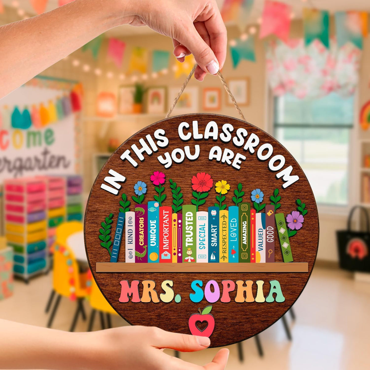 Personalized Teacher Appreciation Gifts, Teacher Door Signs, Welcome Sign for Classroom Door, Floral Teacher Name Sign, Back to School Door Hanger Teacher Gifts from Students Wooden Plaque