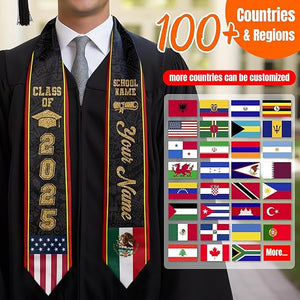 Custom Graduation Stole Country Flag Class of 2026 Graduation Sash Customize Mixed Two Flag Graduation Stoles Personalized Gifts