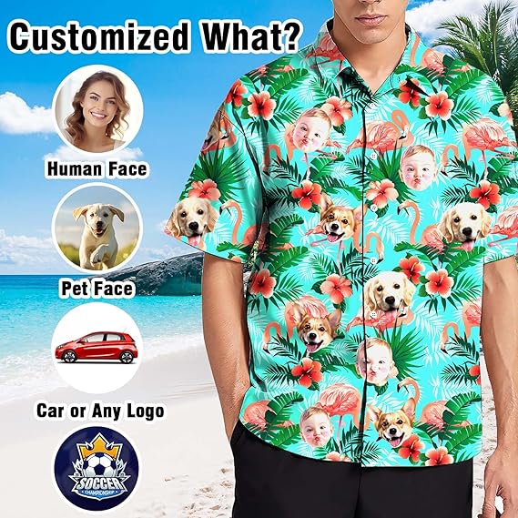 Custom Hawaiian Shirt with Face Picture for Men Custom Shirts Personalized Funny Button Down Hawaiian Beach Shirts w/Photo