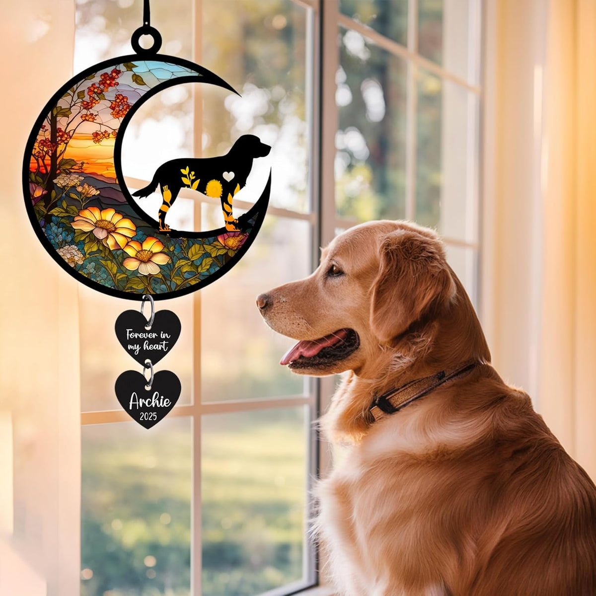 Personalized Dog Memorial Suncatcher Window, Pet Loss Sympathy Gift, Custom Fur Memorial Gifts for Loss of Pet, Dog Remembrance Stained Glass, Hanging Garden Decor with Moon