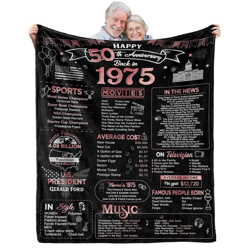 50th Anniversary Blanket - Golden '50 Years of Marriage' Commemorative Gift for Couple - Wife, Husband, Parents, Grandparents - Back in 1975 - Blanket