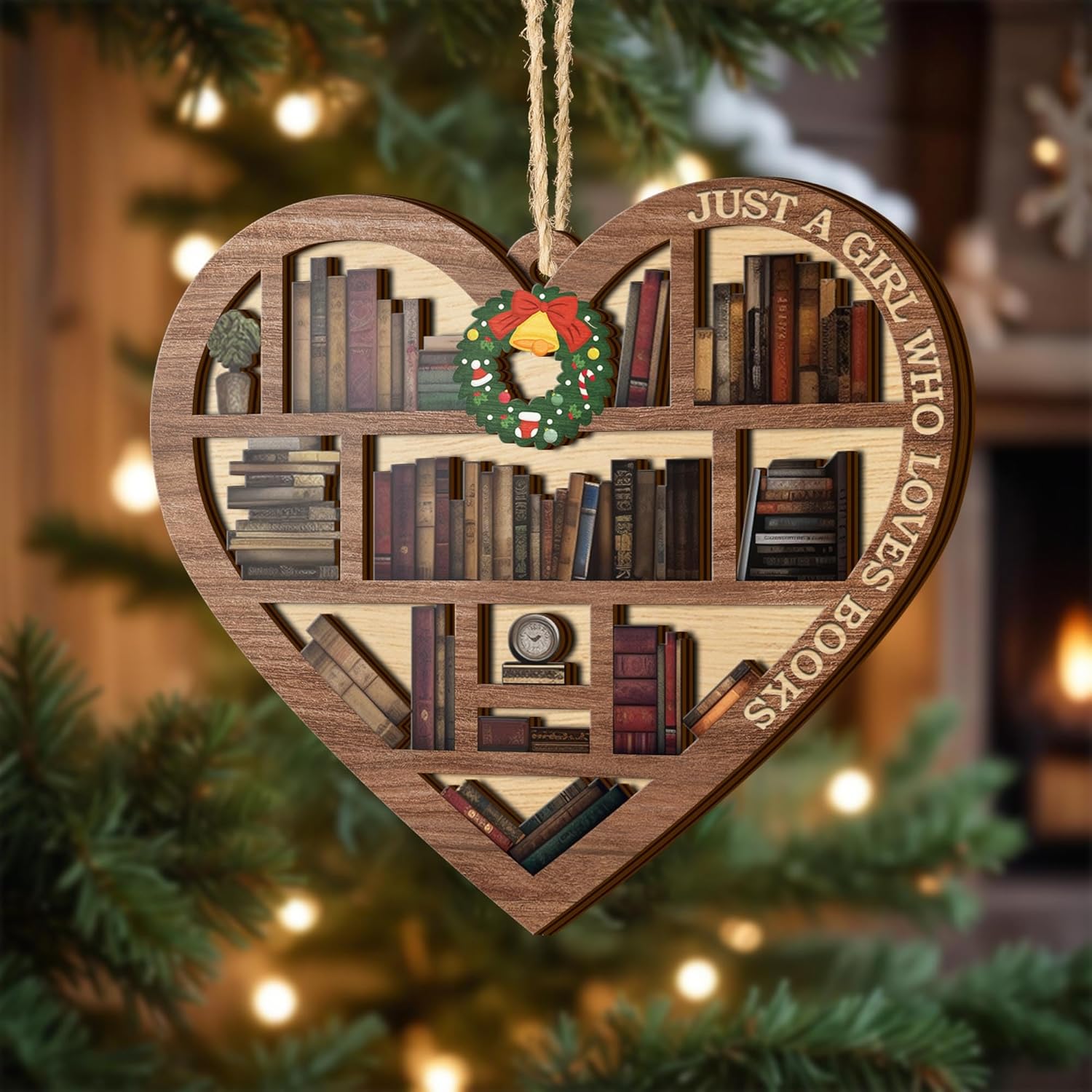 Book Lovers Ornaments, Bookshelf Heart Christmas Book Ornament 2 Layer Wood Ornament , Gift for Girl Book Lovers, Gift Idea for Christmas