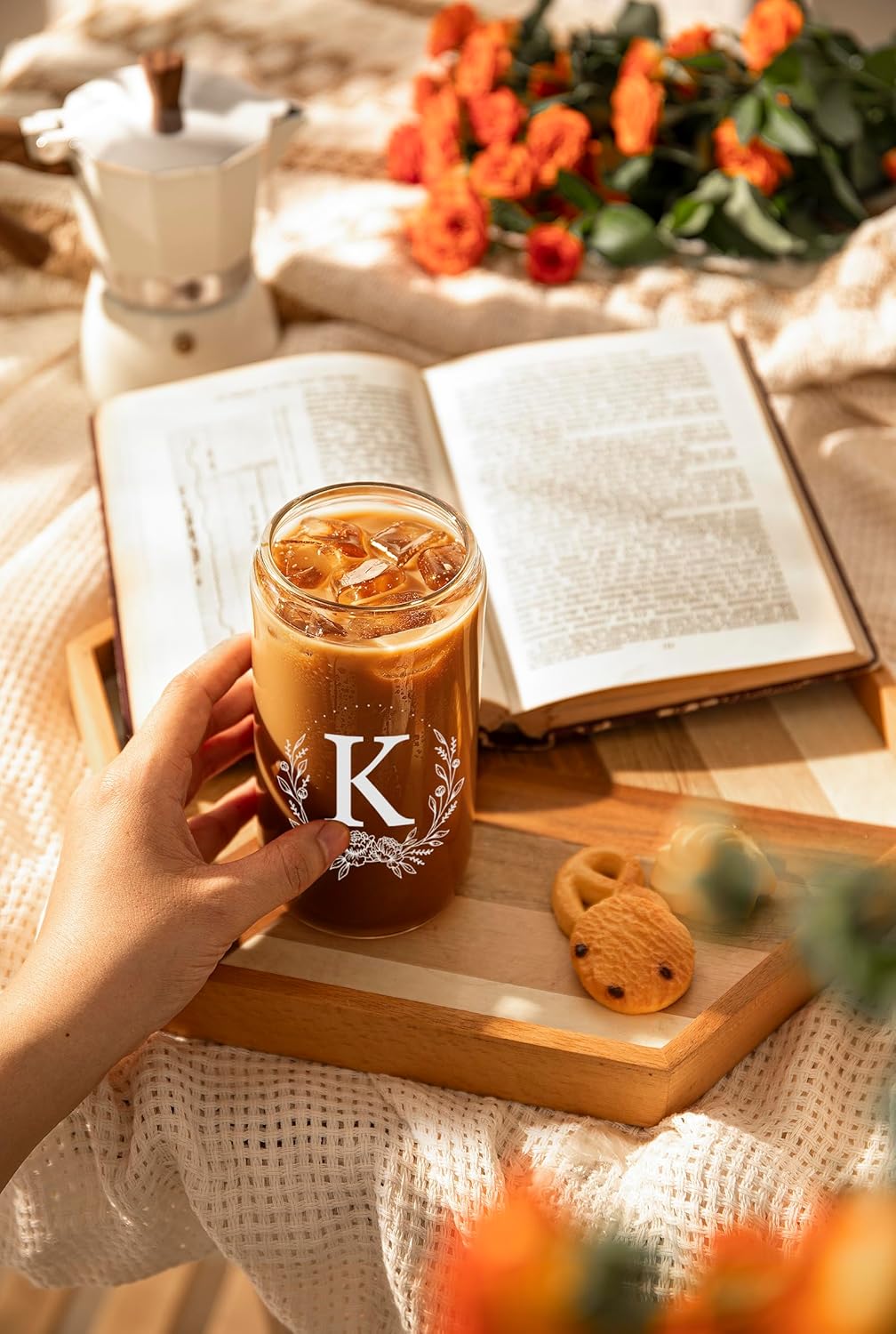 Personalized Gifts for Women, Monogrammed 16oz 11oz 20oz Glass Cups with Bamboo Lids and Straws, Customized Glass Tumbler, Customizable Initial Iced Coffee Glasses, Birthday Bridesmaid Mom