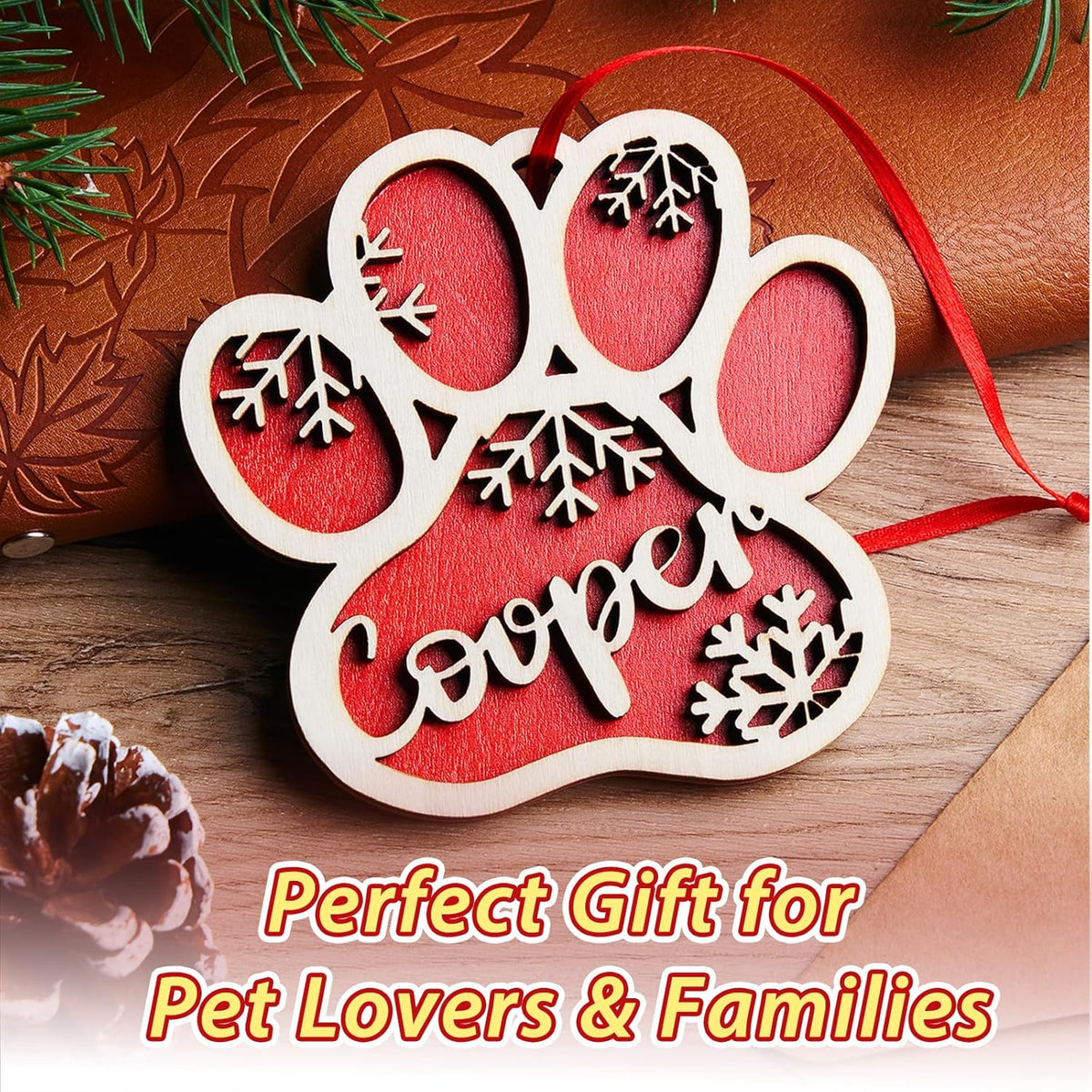 Personalized Pet Paw Ornament, Wooden 2 Layer Christmas Ornament with Name, Gift for Dog Lover or Pet Memorial Keepsake, Pet Name Christmas, Winter Snowflake Wooden Holiday Decor