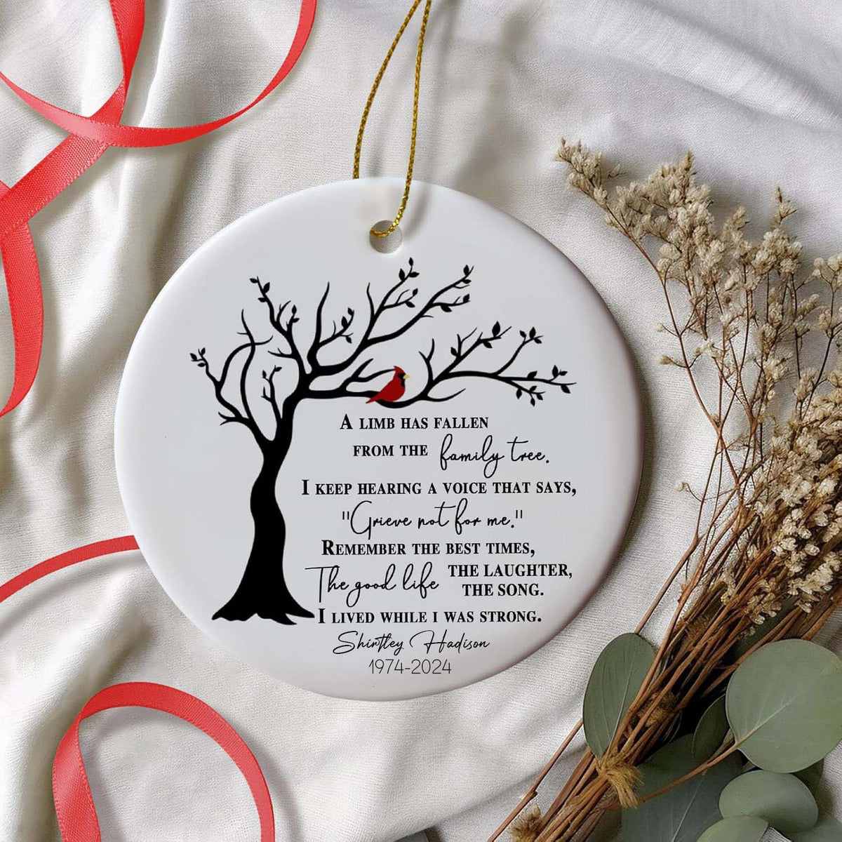 A Limb Has Fallen Memorial Ornament - Red Cardinal, Keepsake, Remembrance Gift, Custom Ornament Family Tree - Family Loss
