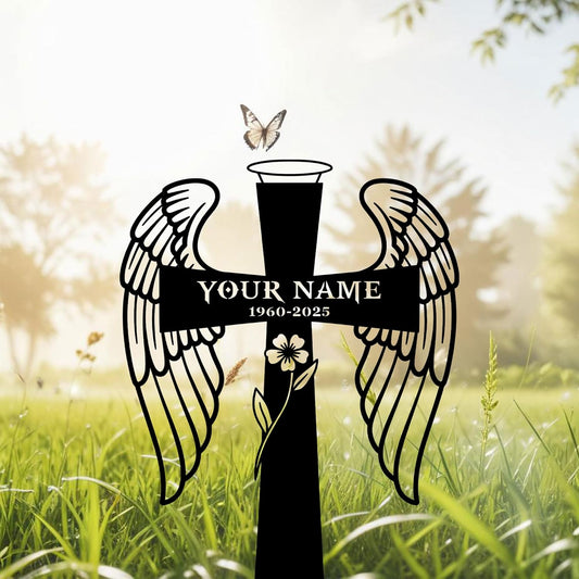 Personalized Cross Praying Hand Memorial Sign, Grave Marker Metal, Traditional Style, Remembrance, Customizable, Garden, Cemetery Stake, Loss of Loved One Sympathy, in Memory of Gifts