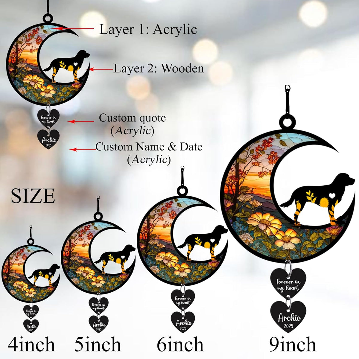 Personalized Dog Memorial Suncatcher Window, Pet Loss Sympathy Gift, Custom Fur Memorial Gifts for Loss of Pet, Dog Remembrance Stained Glass, Hanging Garden Decor with Moon