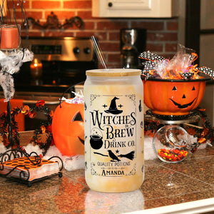 Halloween Glass Cup, Frosted Witch Iced Coffee Can Cup Tumbler with Lid and Straw, Witch Tumbler Beer Can Glass, Halloween Gifts Decorations