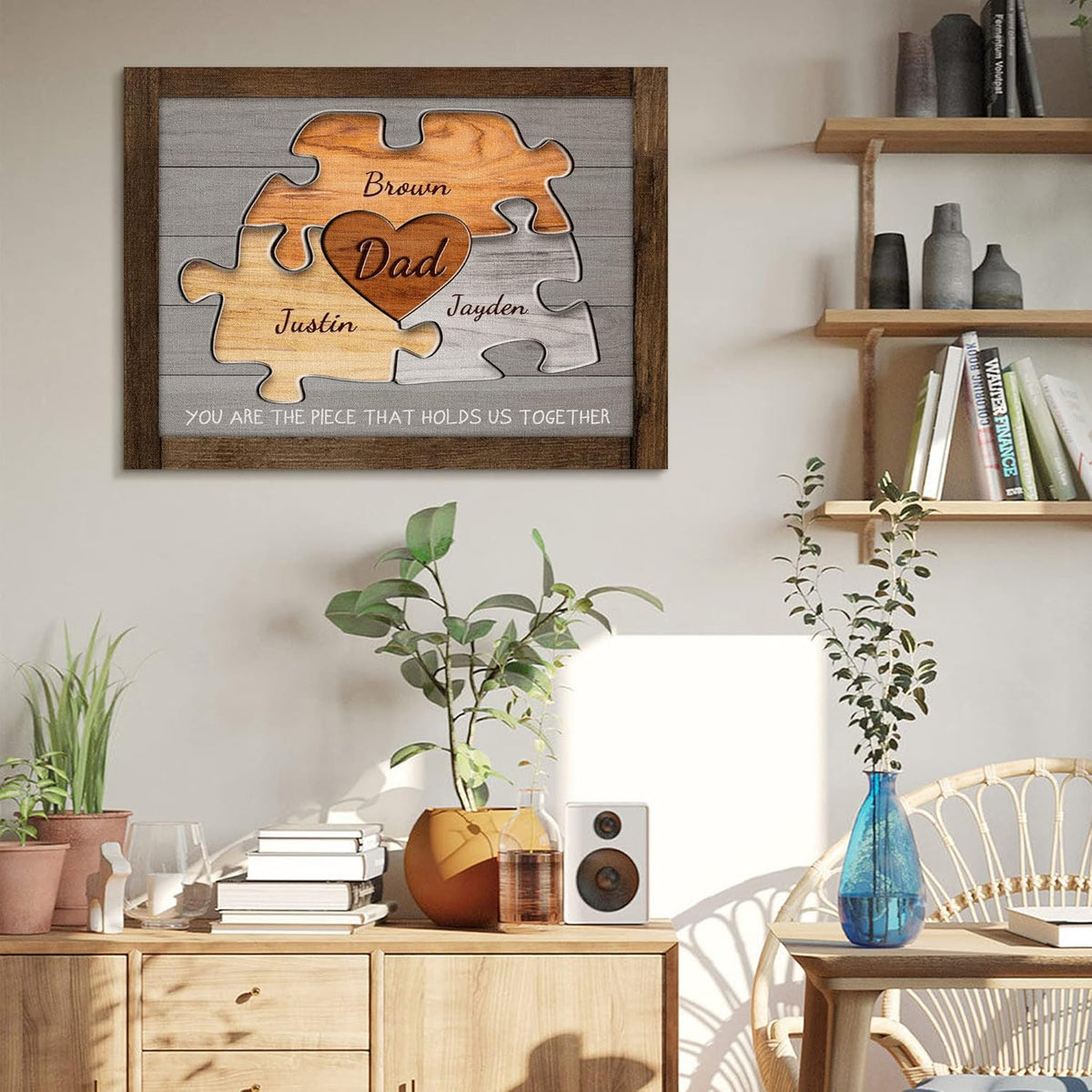 Custom Wood Puzzle Piece Sign Canvas Prints With Name, Personalized Father's Day Gifts For Dad Husband From Son, Daughter, Wife, Unique Dad Birthday Gift Idea,Canvas Wall Art For Living Room