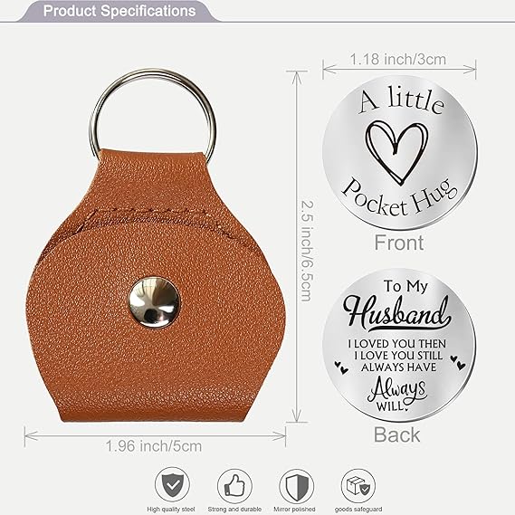 To My Husband Pocket Hug Token Gifts for Men Boyfriend Girlfriend Inspirational Gift for Son Daughter Brother with Leather Keychain