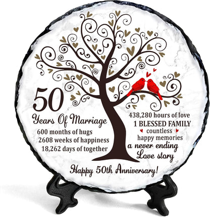 Golden Couple Slate Plate 50th Wedding Anniversary for Parents, Gifts for Husband and Wife Unique Decorative Keepsake Sign to Celebrate 50 Years of Love and Marriage