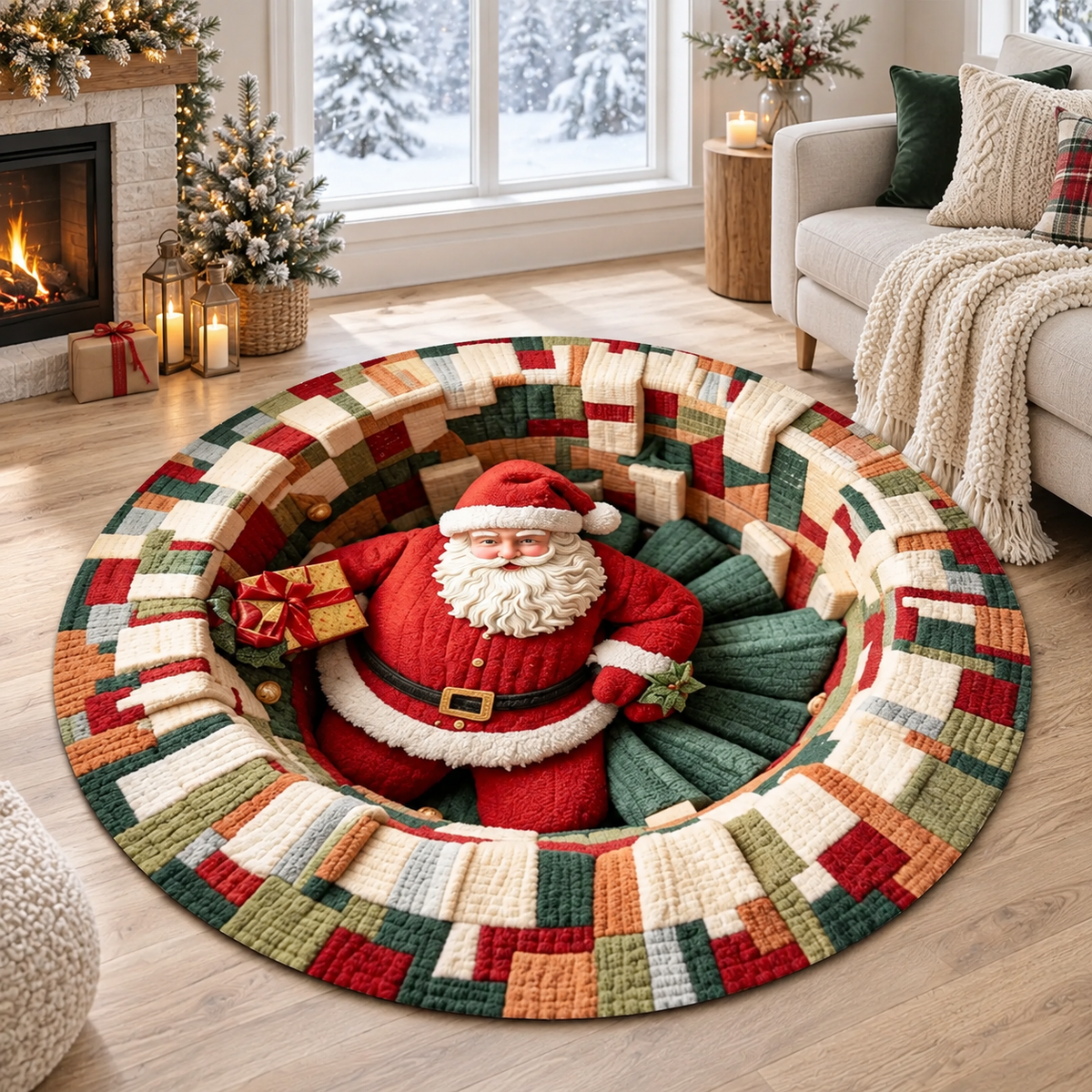 Santa Claus 3D Illusion Round Rug, Christmas Holiday Festive Decor - Special Gift For Famnily, Friends 81bf62ec-f49d-43c3-9684-1717411173d1-ne1.png