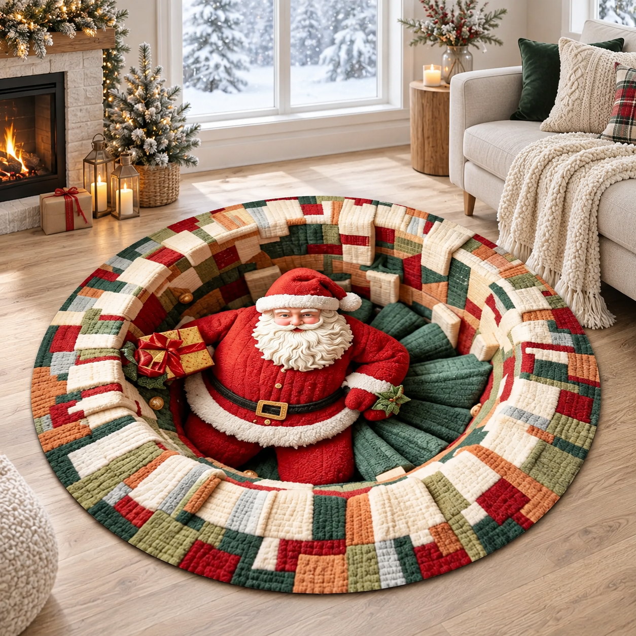 Santa Claus 3D Illusion Round Rug, Christmas Holiday Festive Decor - Special Gift For Famnily, Friends 81bf62ec-f49d-43c3-9684-1717411173d1-ne1.png