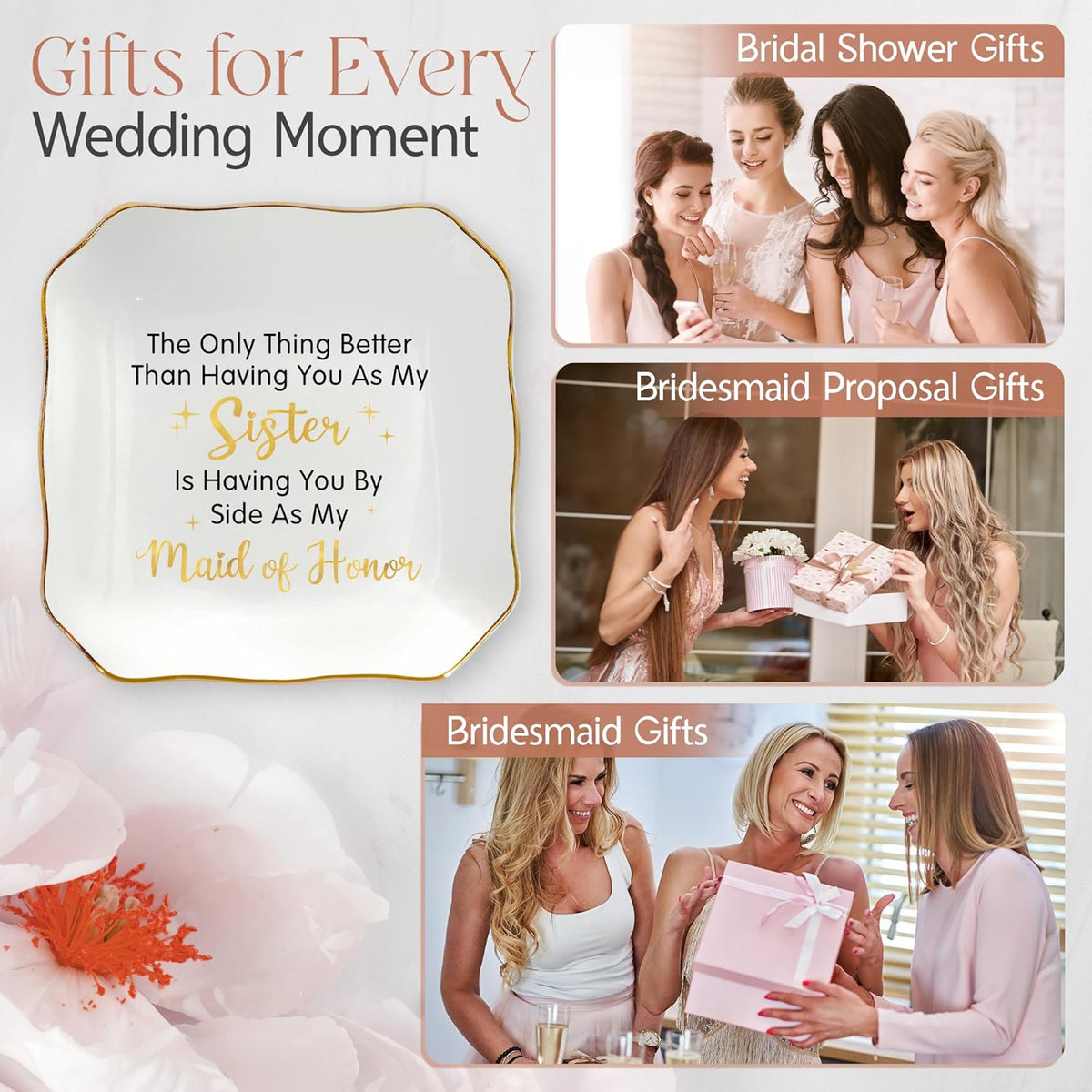 Maid of Honor Gifts for Women - Ceramic Jewelry Dish Tray - Wedding Bridesmaid Gifts for Sister, Ring Holder for Women, Jewelry Tray for Maid of Honor Proposal, Bridesmaid Gift Ideas