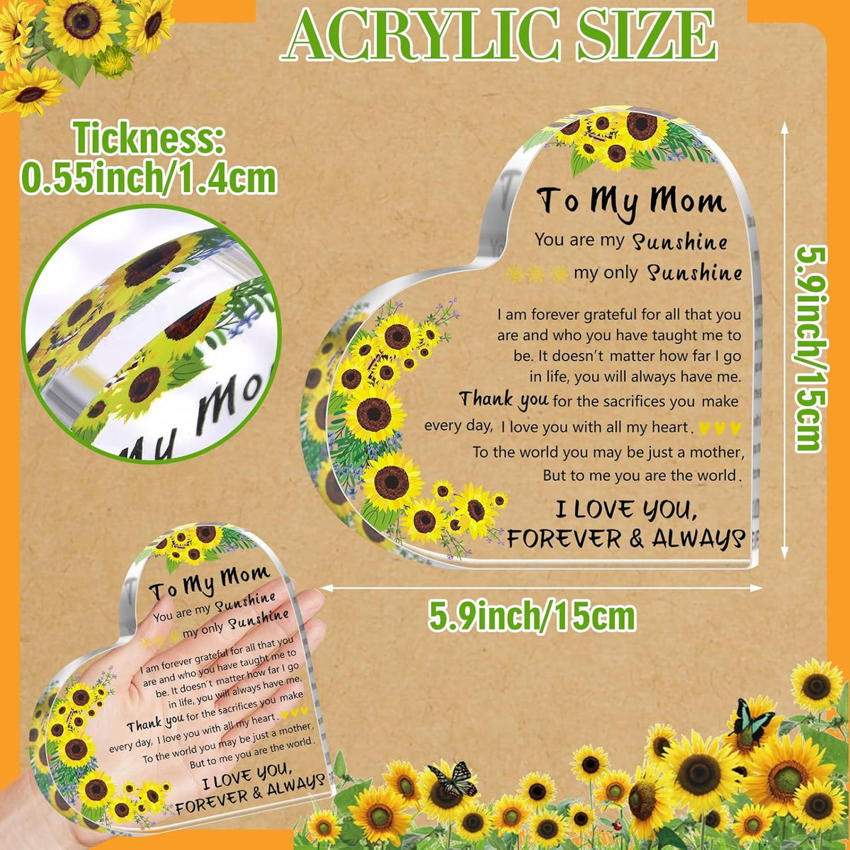 Mothers Day Mom Gifts for Mom from Daughter Son, Delicate Heart Plaque, Birthday Sign Present Idea, First Mothers Day Christmas Stocking Stuffers Birthday Acrylic Gifts for Mama Stepmom