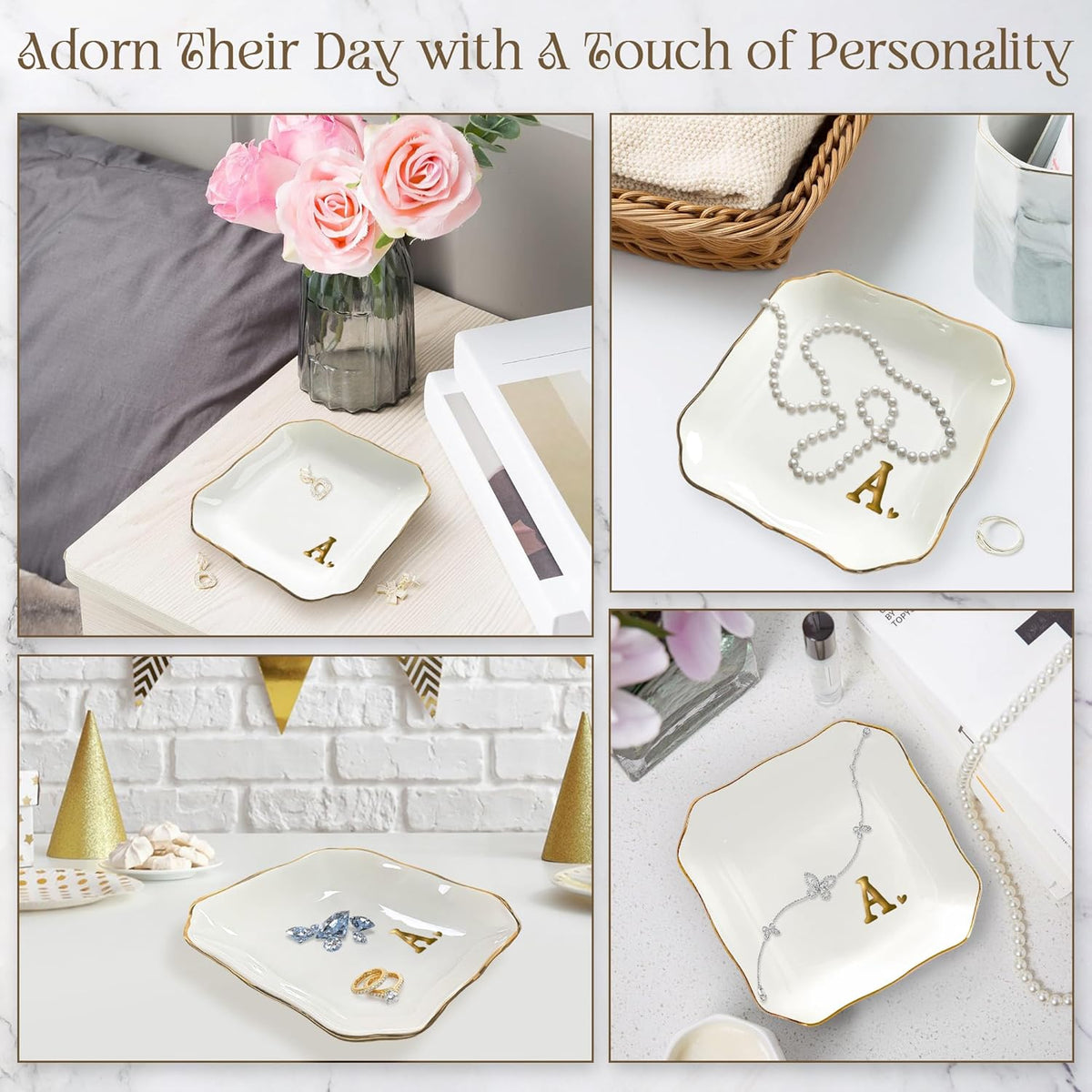 Birthday Gifts for Women - Initials Ceramic Jewelry Dish Tray Letter A - Engagement Wedding Bridal Shower Gifts for Bride, Bridesmaid Gift, Birthday Gift for Her Teacher Friend