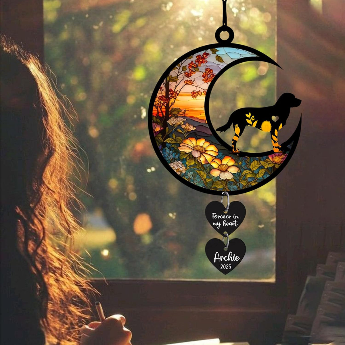 Personalized Dog Memorial Suncatcher Window, Pet Loss Sympathy Gift, Custom Fur Memorial Gifts for Loss of Pet, Dog Remembrance Stained Glass, Hanging Garden Decor with Moon