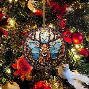Christmas Ceramic Christmas Ornament - Stained Glass Themed Reindeer Design - Gift for Reindeer Lover