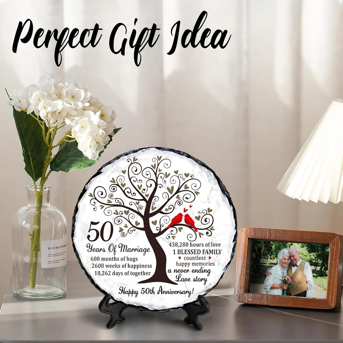 Golden Couple Slate Plate 50th Wedding Anniversary for Parents, Gifts for Husband and Wife Unique Decorative Keepsake Sign to Celebrate 50 Years of Love and Marriage