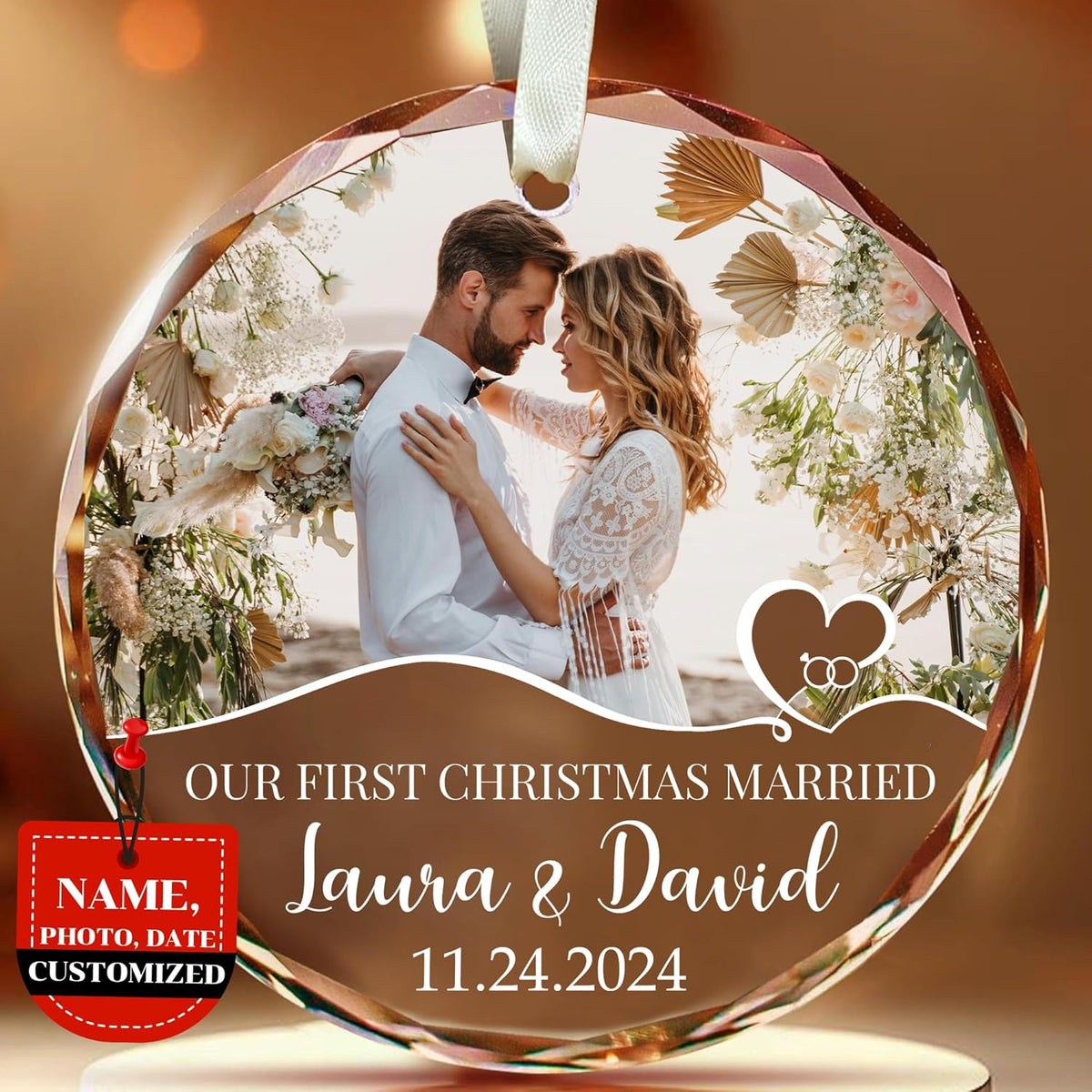 First Christmas Married Ornament 2025 Custom Mr and Mrs Photo Ornament Personalized Wedding Gift with Picture Name Date Couple Glass Keepsake