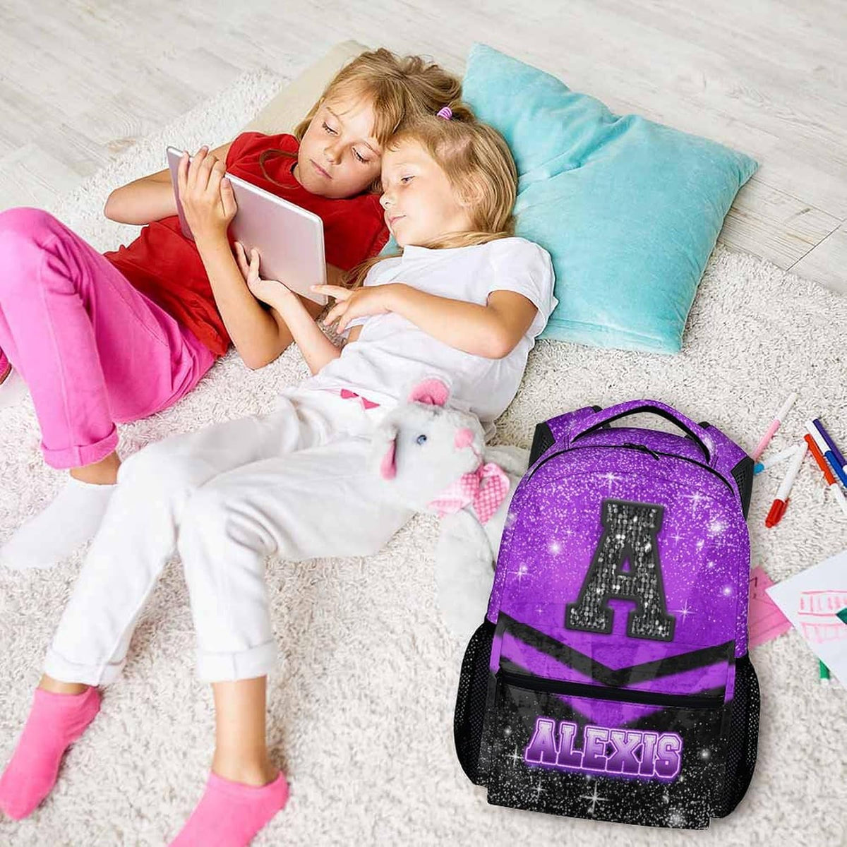 Backpack for Girls Boys Kindergarten, Personalized Cheerleader Schoolbag for Kids Preschool Primary, Lightweight Black Glitter Custom Initial Name Cheer Bookbag for School Travel Hiking