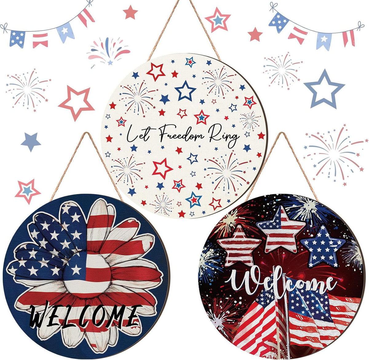 4th of July Patriotic Decorations 4th of July Wreath Independence Day Wooden Door Sign American Patriotic Festival Hanging Ornament Plaque for Memorial Day Home Front Door Decor