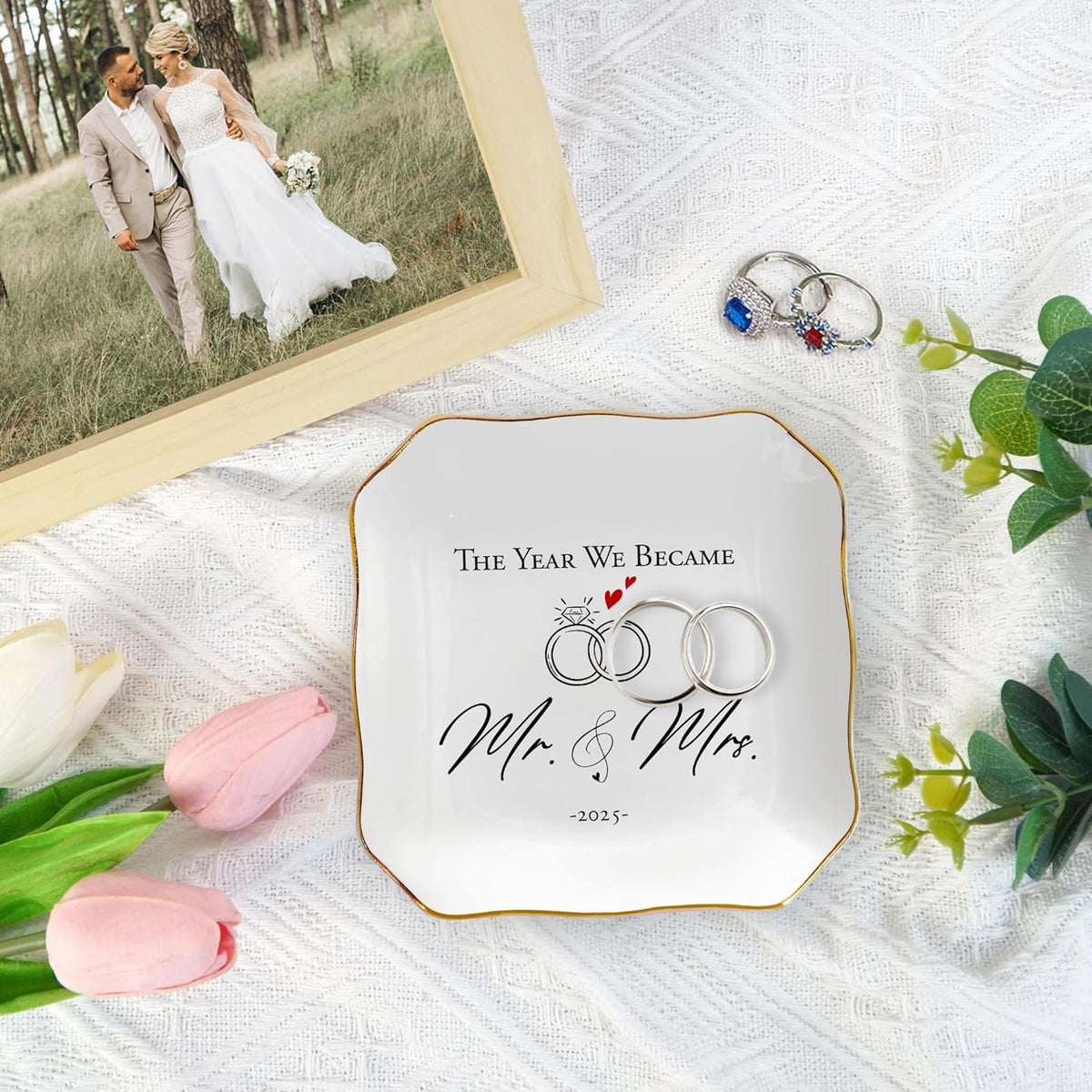 Wedding Gifts for Couple 2025 - Mr & Mrs Ceramic Jewelry Dish Tray - Bridal Shower Gifts for Women, Marriage Gift Ideas, Anniversary Engagement Gifts for Couples, Jewelry Holder Dish