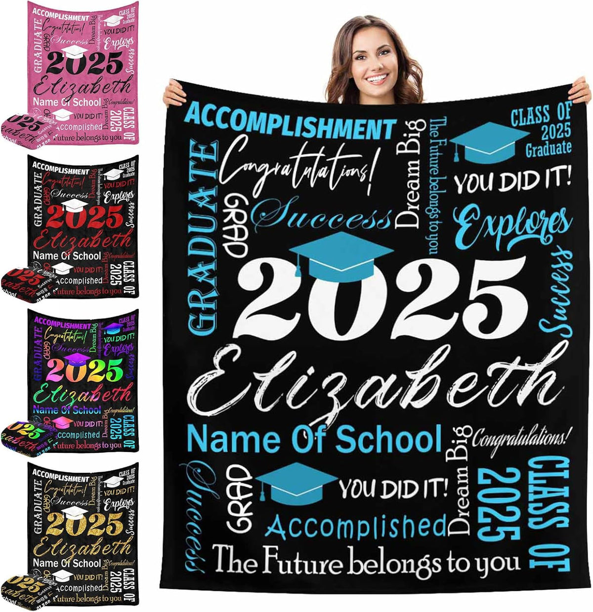 Personalized Graduation Gifts Blanket with Name School, Custom Class of 2025 Graduation Blankets 2025 Grad Throw Customized Blanket for High School College Graduation Party Gifts