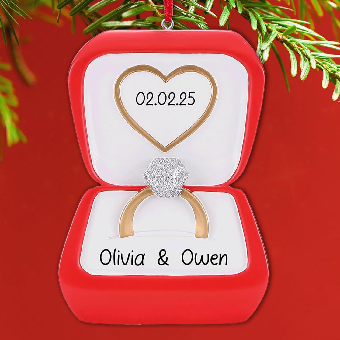Personalized Our First Christmas Engaged Ornament 2025 | Diamond Engagement Ring in Red Box for Xmas Tree | She Said Yes Newly Fiance 1st Year Just Engaged Keepsake - Custom Name & Year