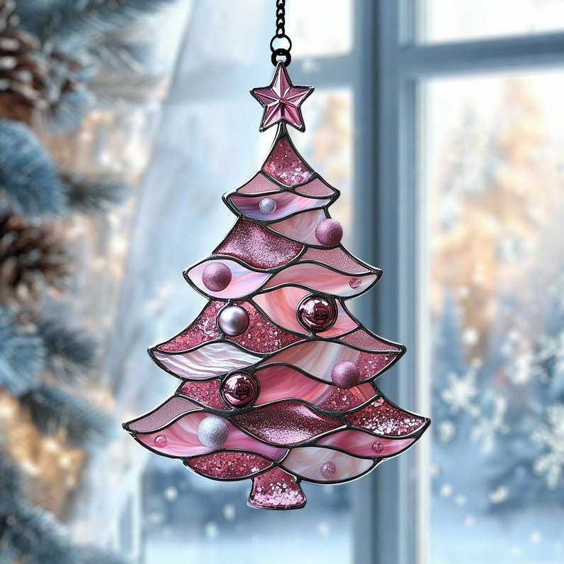 Rose Pink Christmas Tree Acrylic Suncatcher, 2D Faux Stained Glass Ornament, Sparkle Holiday Window Hanging Decor 81f47be3-4ce6-4a1a-98cd-209c2bb472d6-h3.jpg