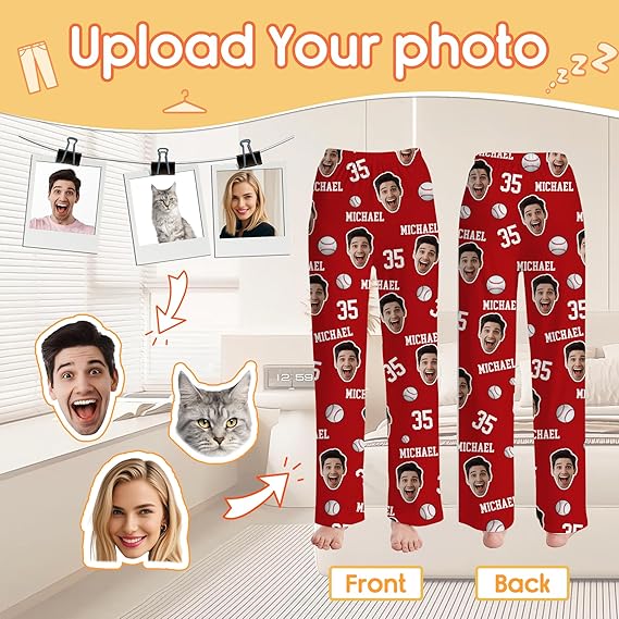 Personalized Baseball Pajamas Pants With Face Photo, Custom PJ Bottom Pants, Customized Gifts For Baseball Lovers Men Women Husband Wife Dad Mom