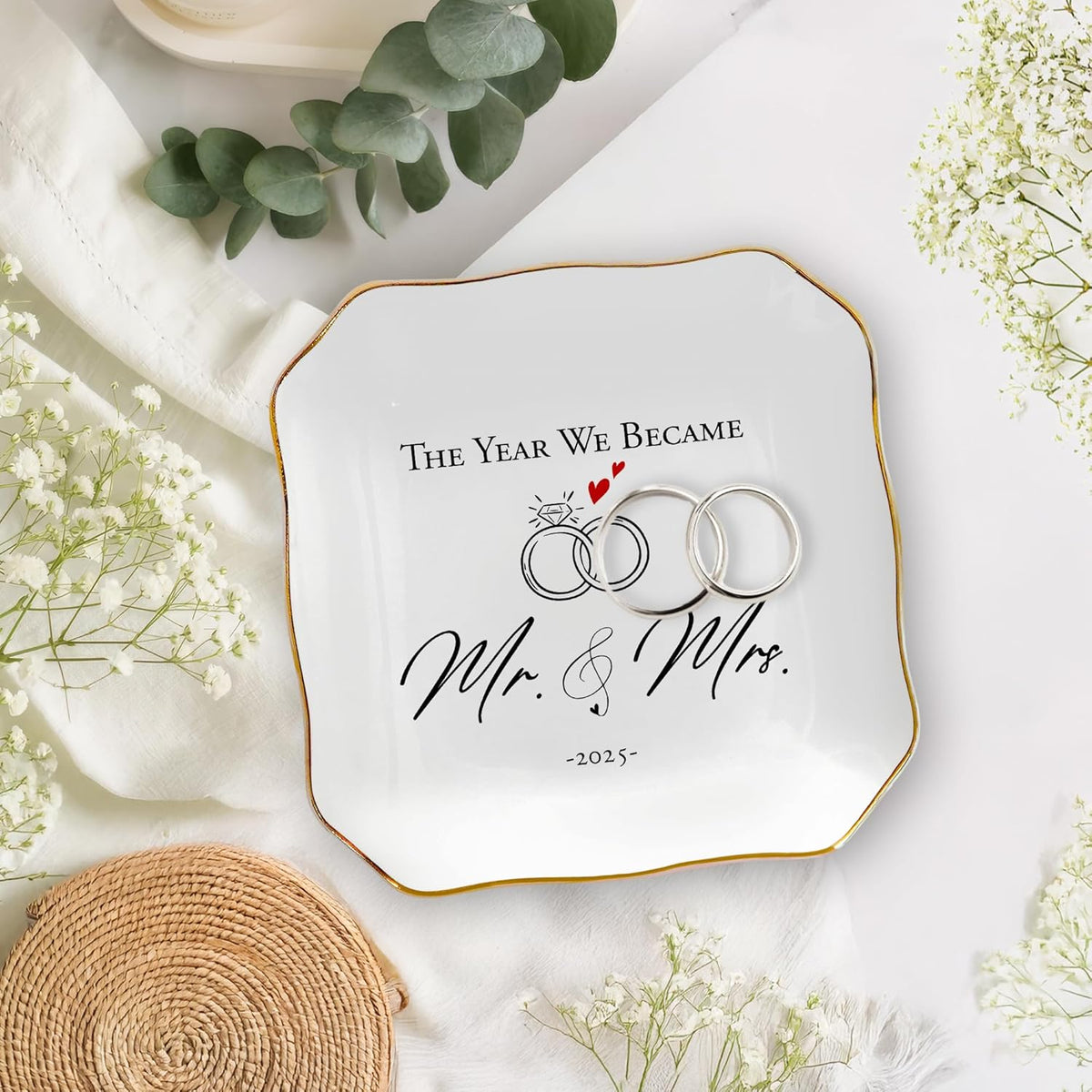 Wedding Gifts for Couple 2025 - Mr & Mrs Ceramic Jewelry Dish Tray - Bridal Shower Gifts for Women, Marriage Gift Ideas, Anniversary Engagement Gifts for Couples, Jewelry Holder Dish