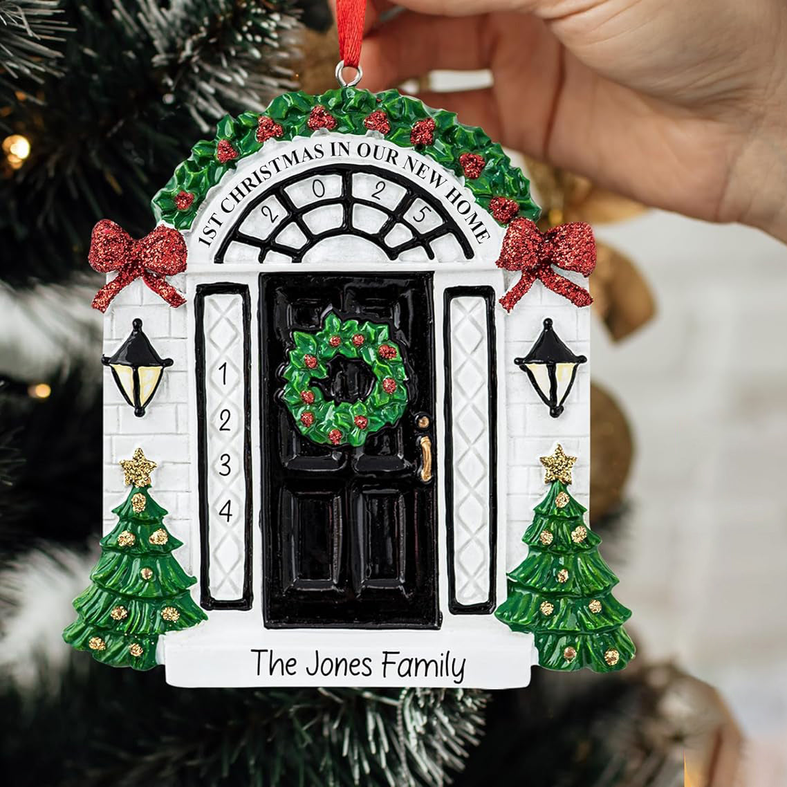 Personalized New Home Christmas Ornament 2025 | Black Door w/Glitter Ribbon Unique Keepsake for Xmas Tree - First Year in New House, Our 1st Apartment, New Neighbor Gift | Custom Name & Year