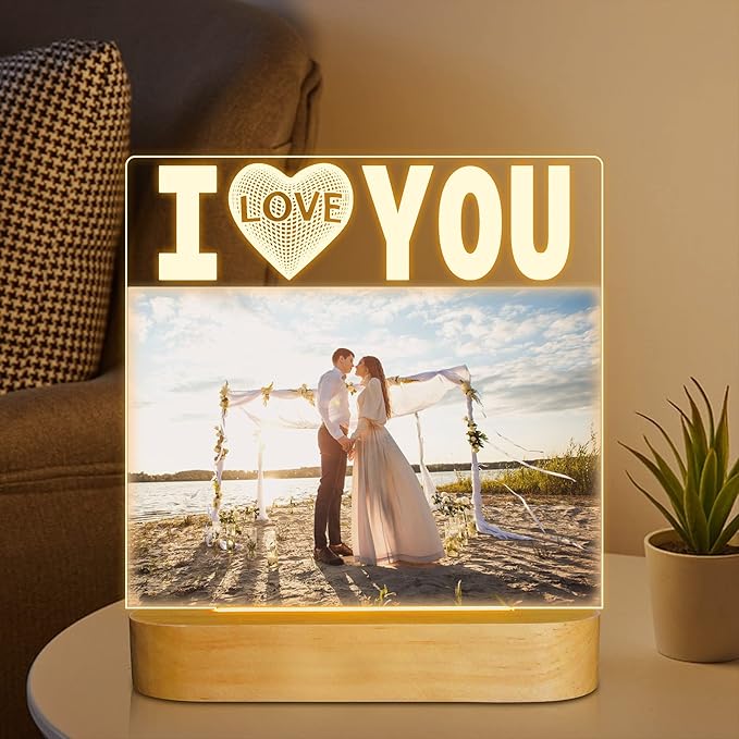 I Love You Light up Photo Frame with Warm LED Night Light, Memory Gifts for Couple Valentine Day Wedding Anniversary Present