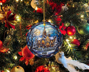 Elegant Castle Ornament, Ceramic Christmas Ornament, Christmas Tree Hanging Decors, Stained Glass Themed Ceramic Christmas Ornament