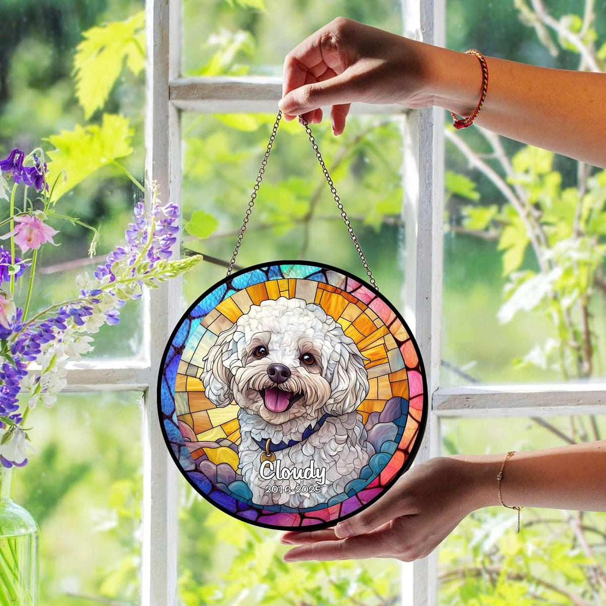 Custom Pet Portrait Stained Glass Suncatcher Personalized Dog Memorial Ornament, Pet Loss Remembrance Gift, Window Hanging, Bereavement Keepsake, Home Decor