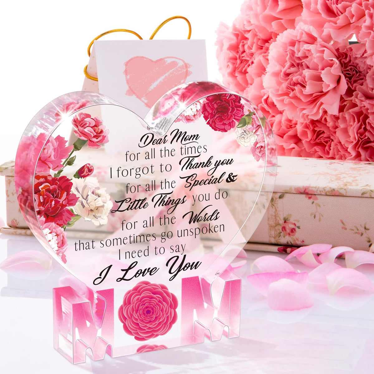 Carnation Acrylic Heart Plaque Mom Present - Thanksgiving, Christmas, Valentine's, Mother's Day & Birthday Gift