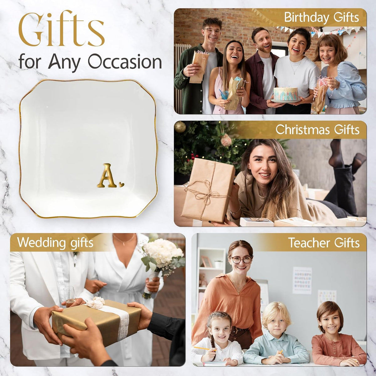 Birthday Gifts for Women - Initials Ceramic Jewelry Dish Tray Letter A - Engagement Wedding Bridal Shower Gifts for Bride, Bridesmaid Gift, Birthday Gift for Her Teacher Friend