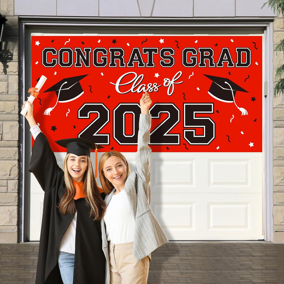2025 Graduation Party Plastic Backdrop - Congrats Grad Banner in Red, Large Class of 2025 Decorations, Photography & Grad Party Supplies