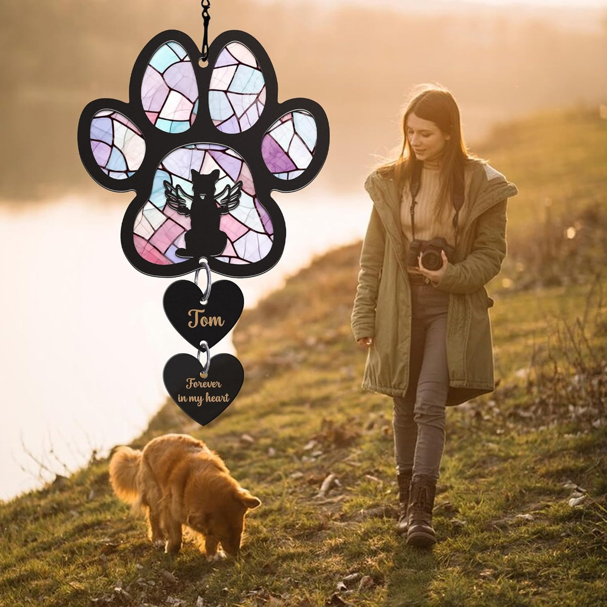 Dog Paw Pet Memorial Suncatcher, Wooden Hearts Customized With Dog Breed, Name And Message, Loss Of Dog Sympathy Gift, Dog Remembrance Gift, Dog Memorial, Dog Memorial Gifts For Loss Of Dog